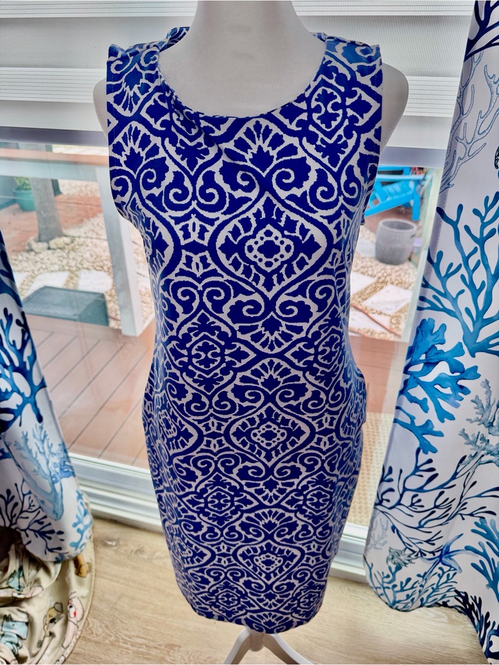 Sleeveless Blue and White Patterned Sheath Dress- sunsets and sweet tea Brand